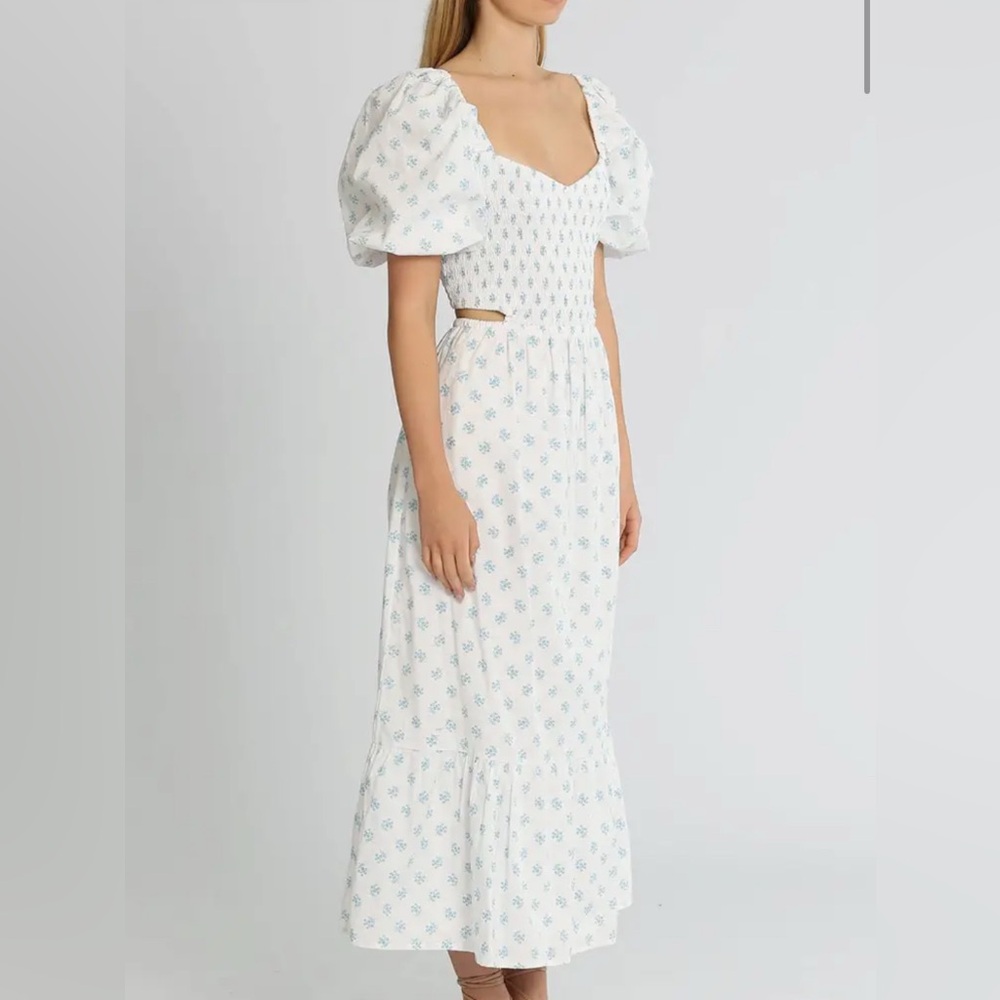 FAITHFULL the brand Bloom side cut-out shirred flounce Midi dress size Large